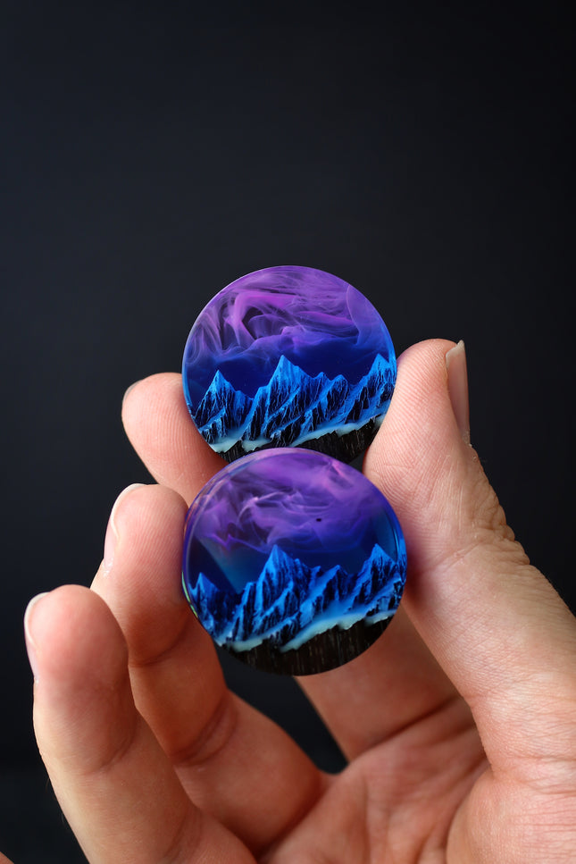 Epoxy resin and wood earring plug Mountain Nightfall