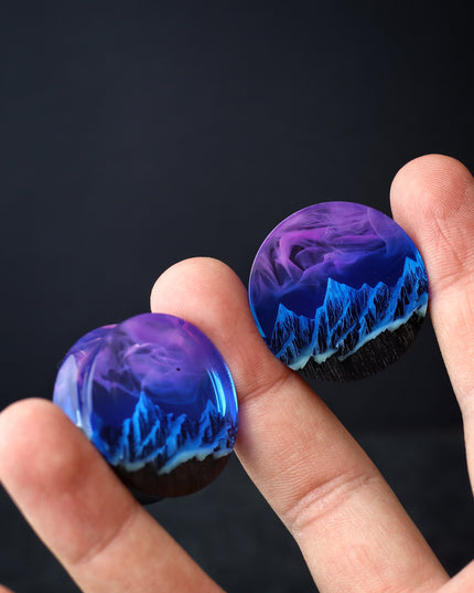 Epoxy resin and wood earring plug Mountain Nightfall