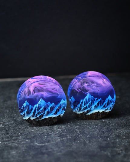 Epoxy resin and wood earring plug Mountain Nightfall