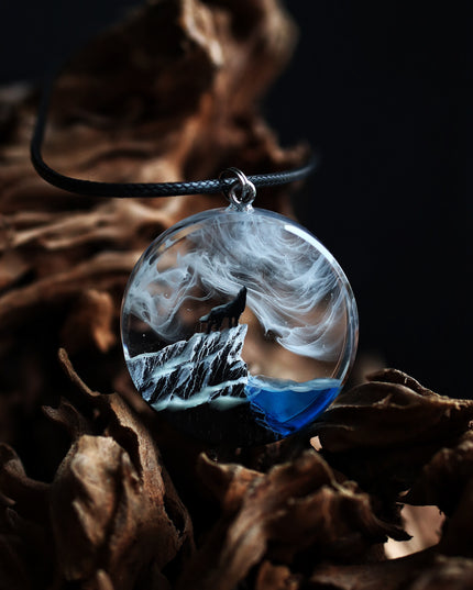 Epoxy resin and wood Wolf Round Mountain pendant