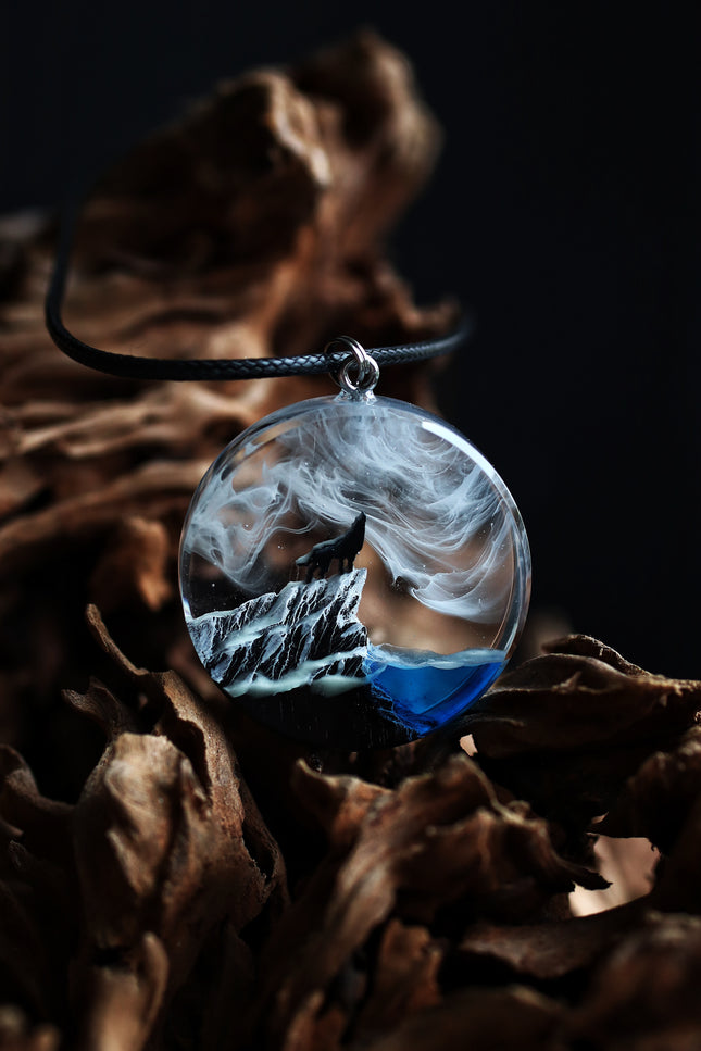 Epoxy resin and wood Wolf Round Mountain pendant