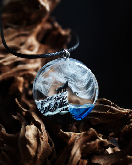 Epoxy resin and wood Wolf Round Mountain pendant