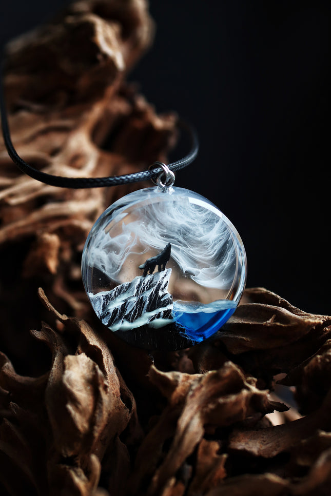 Epoxy resin and wood Wolf Round Mountain pendant –