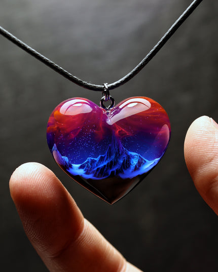 Epoxy resin and wood Mountain Heart Nightfall pendant