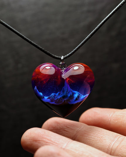 Epoxy resin and wood Mountain Heart Nightfall pendant