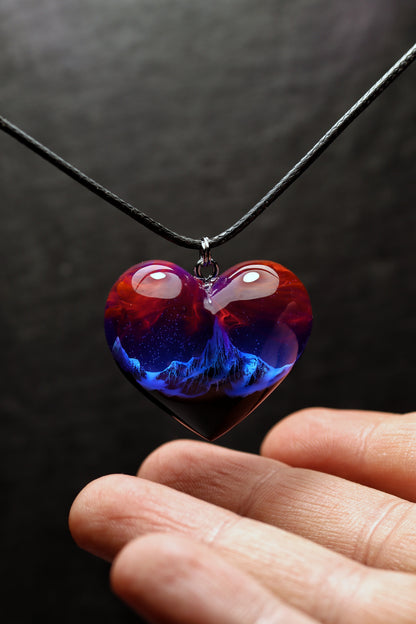 Epoxy resin and wood Mountain Heart Nightfall pendant