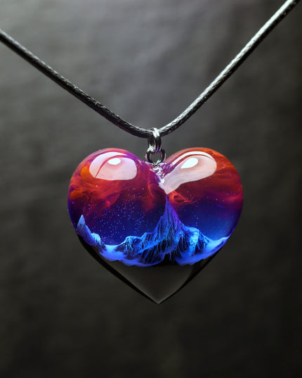Epoxy resin and wood Mountain Heart Nightfall pendant
