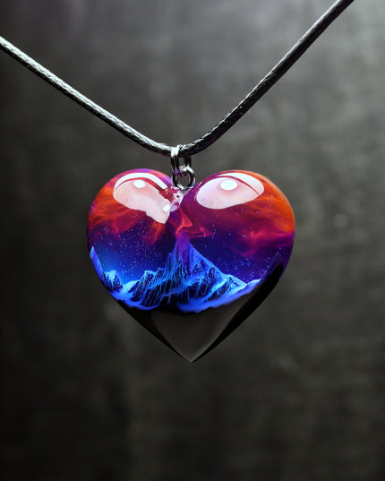 Epoxy resin and wood Mountain Heart Nightfall pendant