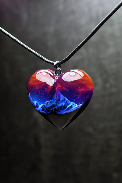 Unique heart pendant handmade from wood and resin with galaxy effect