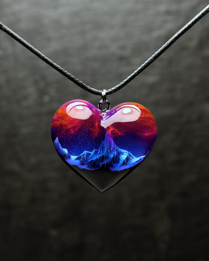 Epoxy resin and wood Mountain Heart Nightfall pendant