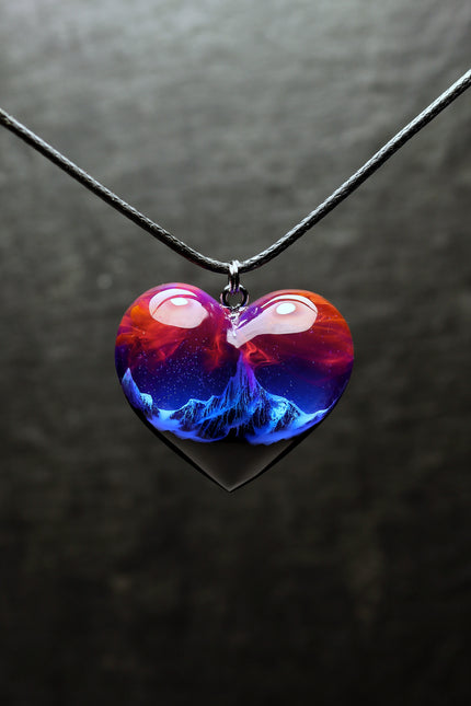 Epoxy resin and wood Mountain Heart Nightfall pendant