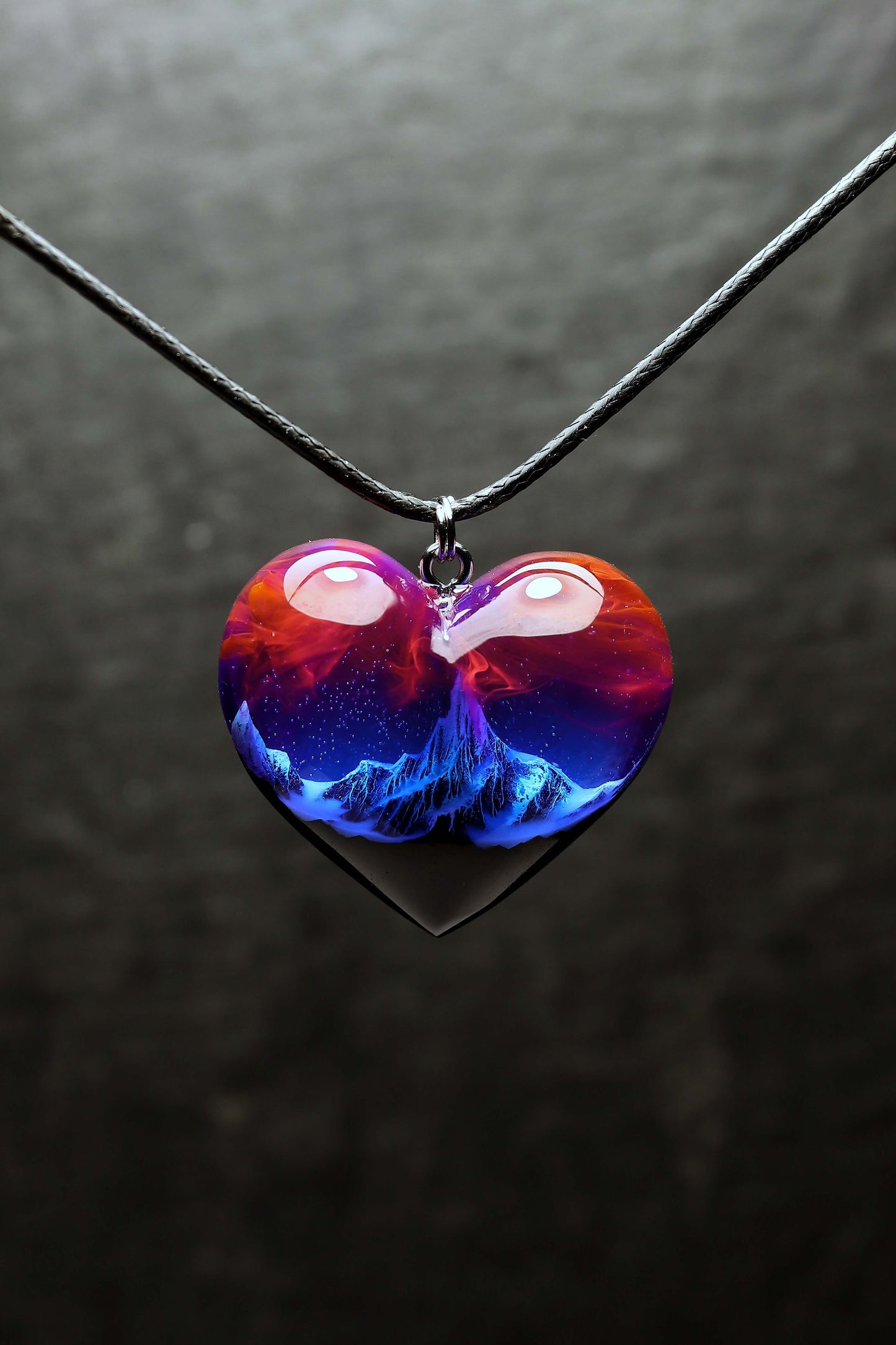 Unique heart pendant handmade from wood and resin with galaxy effect