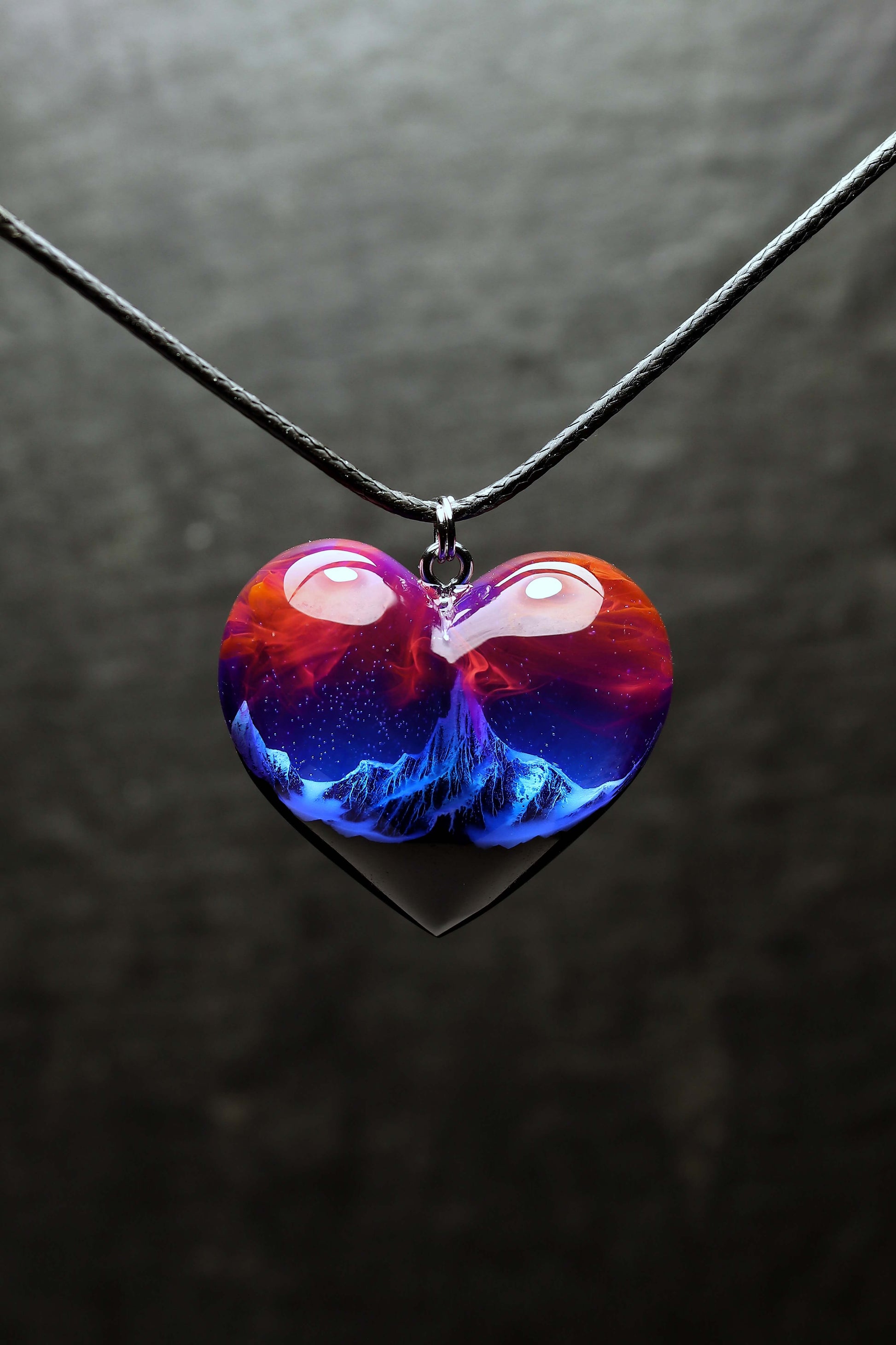 Unique heart pendant handmade from wood and resin with galaxy effect