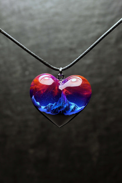 Unique heart pendant handmade from wood and resin with galaxy effect