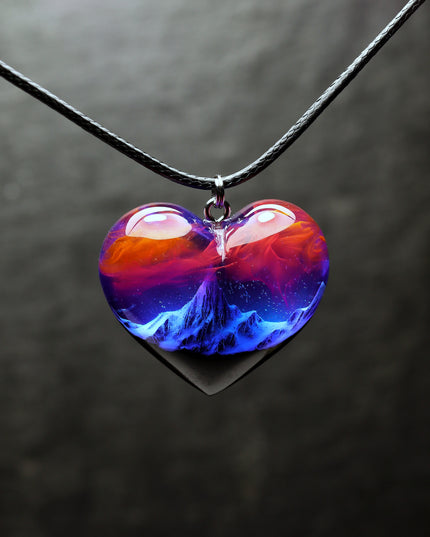 Epoxy resin and wood Mountain Heart Nightfall pendant