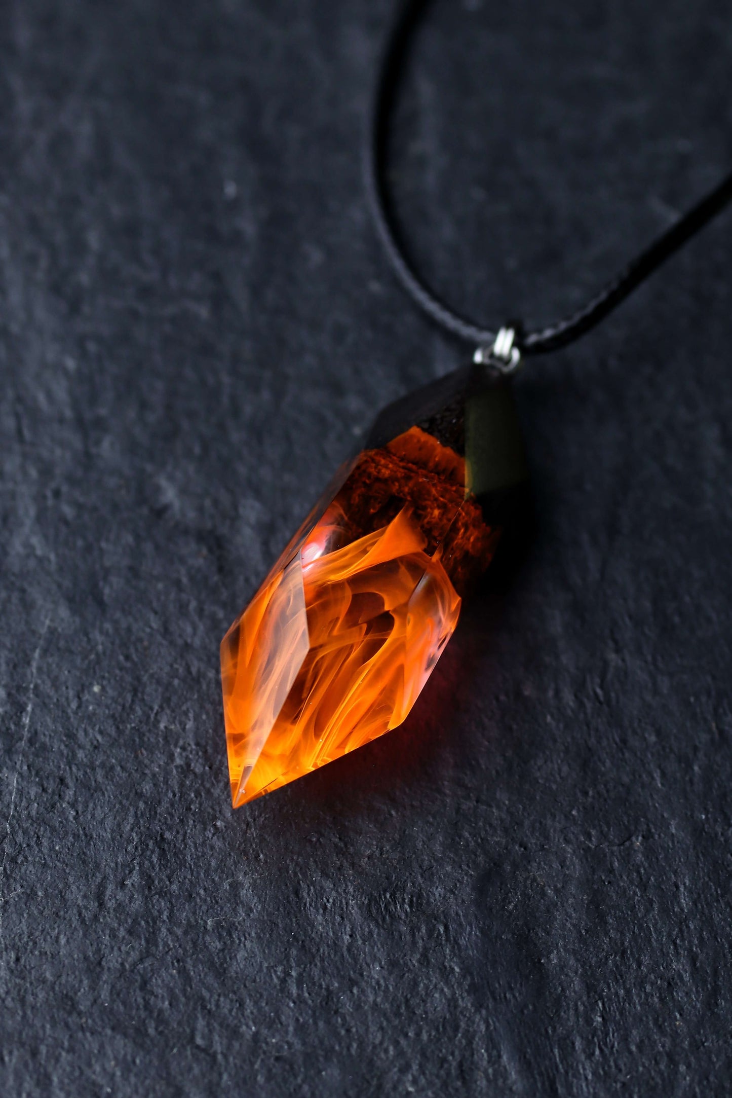 Fire crystal pendant handmade from resin and wood
