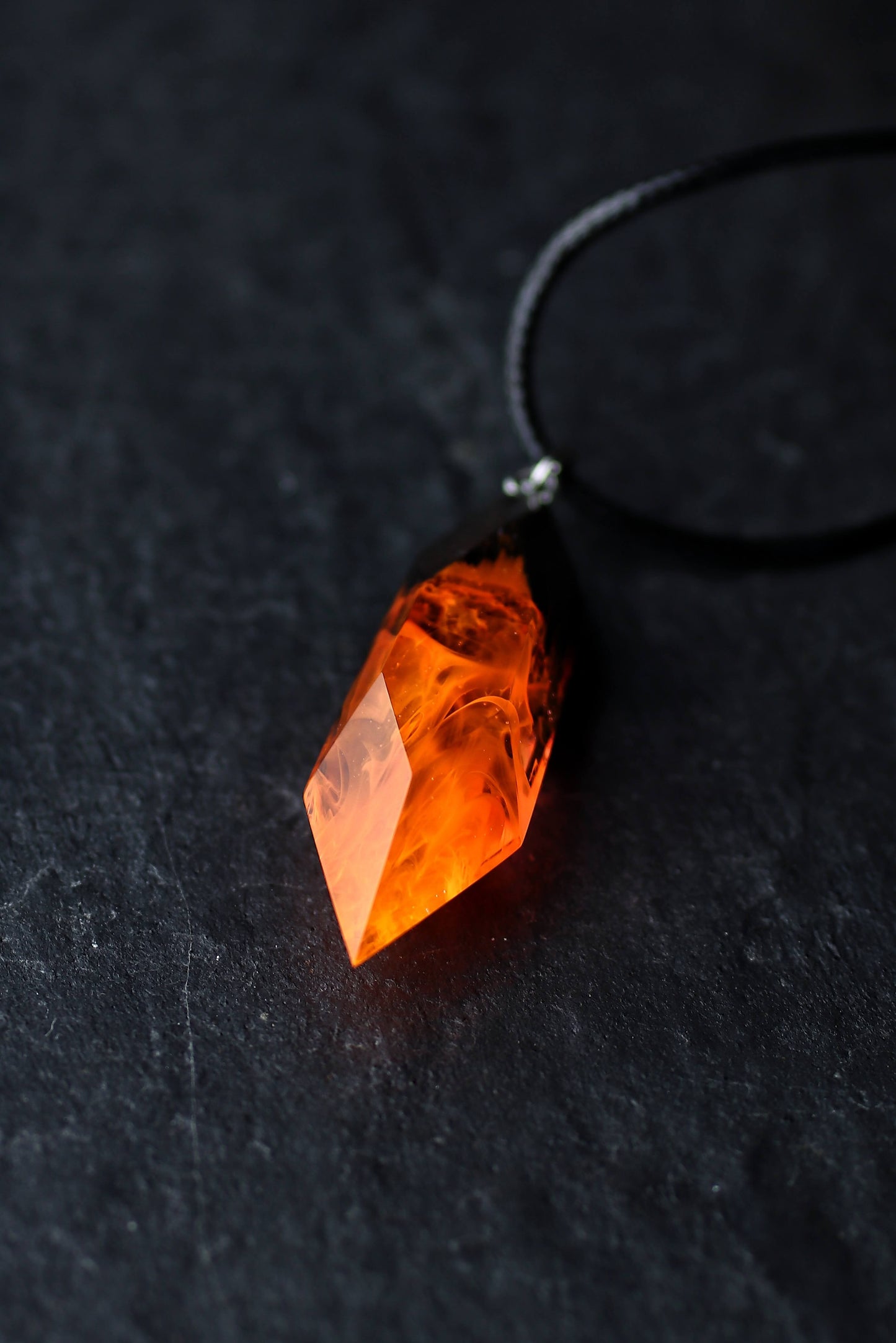 Fire crystal pendant handmade from resin and wood
