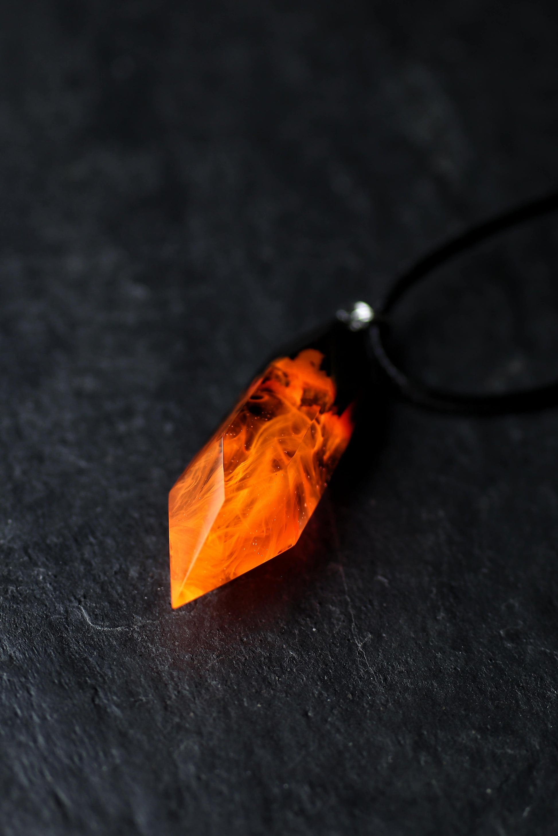 Fire crystal pendant handmade from resin and wood