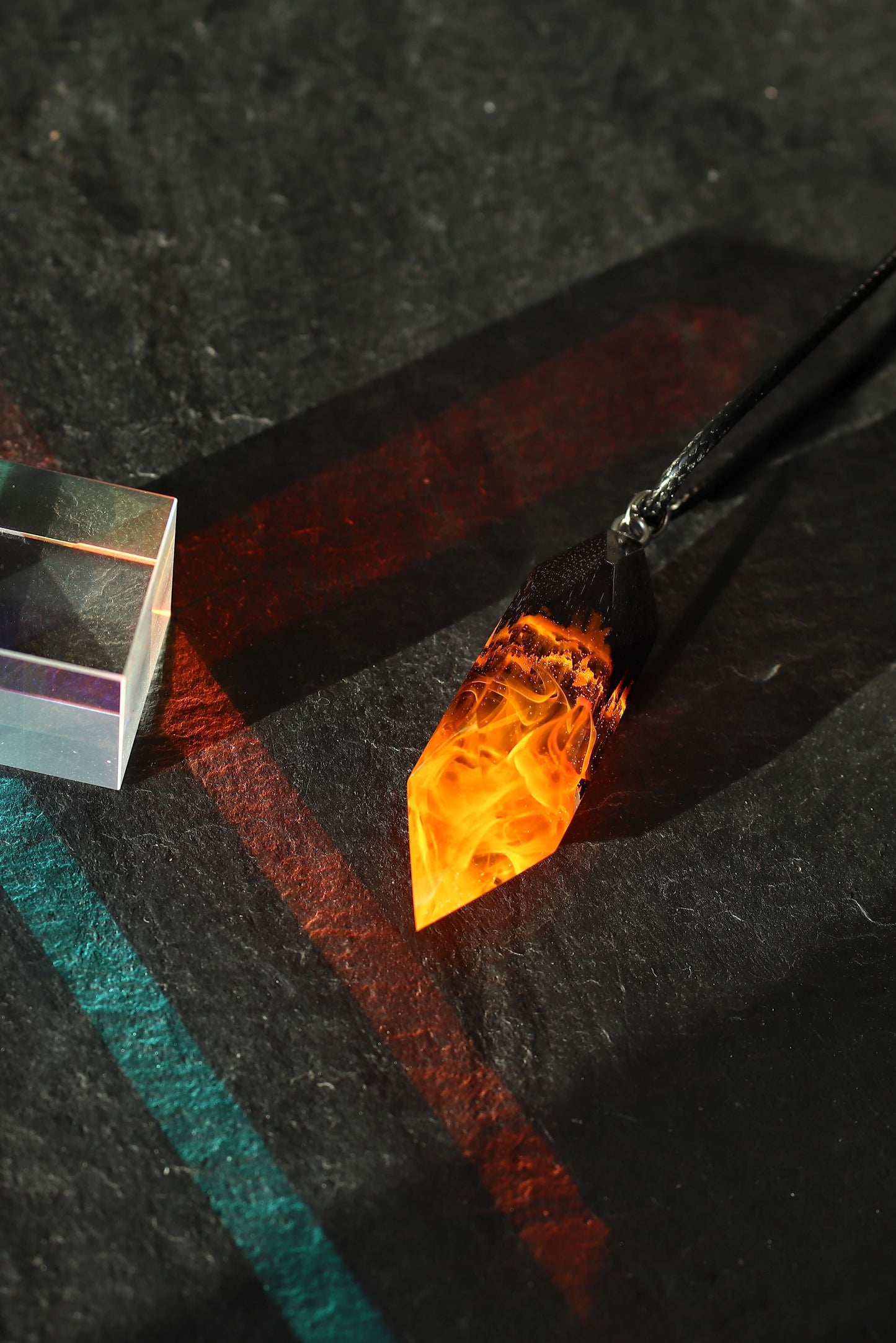 Fire crystal pendant handmade from resin and wood