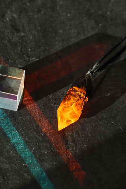 Fire crystal pendant handmade from resin and wood