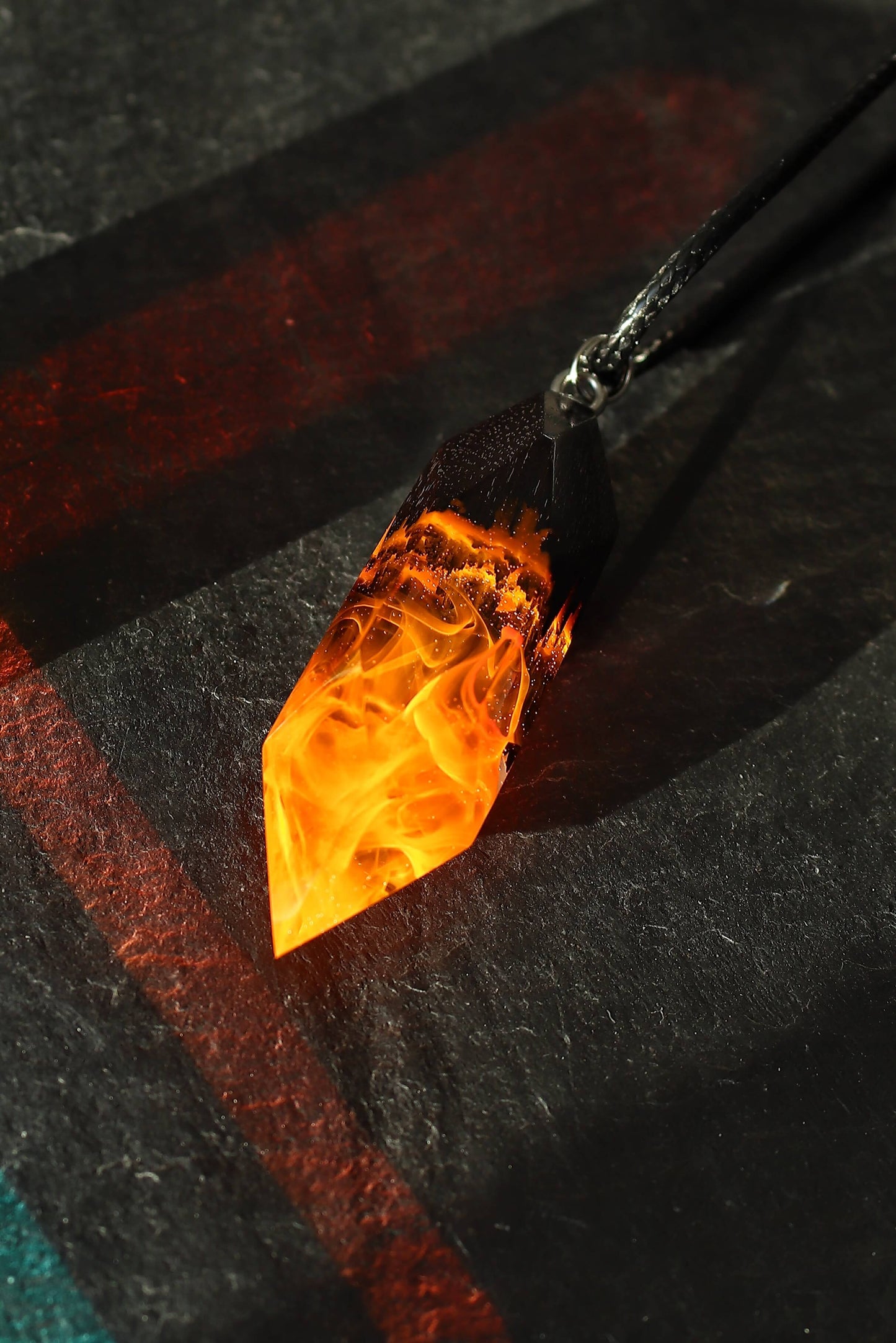 Fire crystal pendant handmade from resin and wood