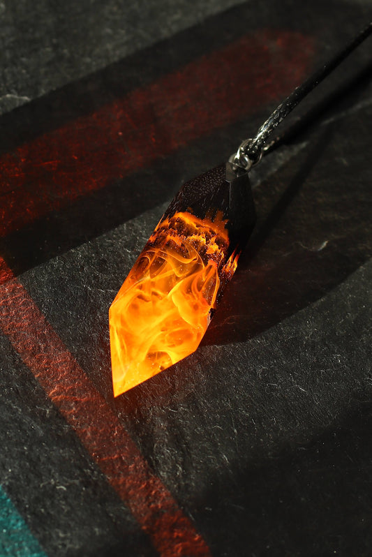 Fire crystal pendant handmade from resin and wood