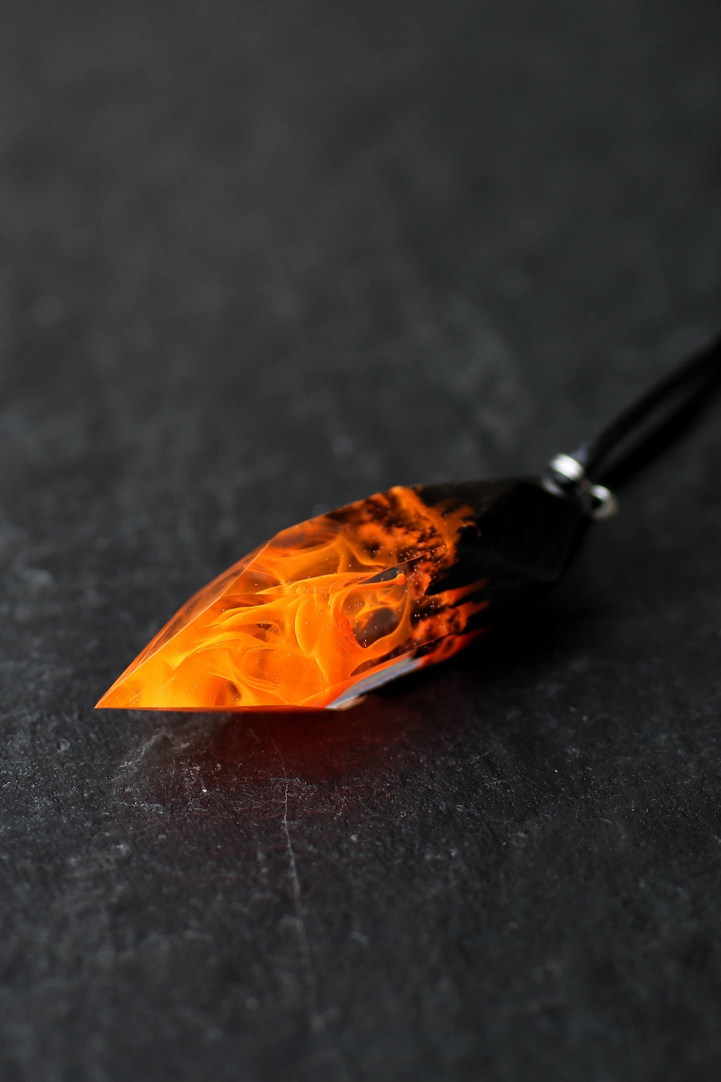 Fire crystal pendant handmade from resin and wood