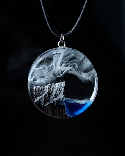 Epoxy resin and wood Wolf Round Mountain pendant