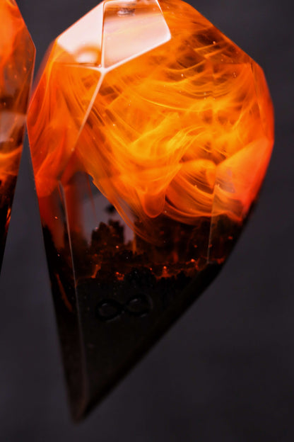 Handmade epoxy resin and wood Couple heart Fire Faceted pendant