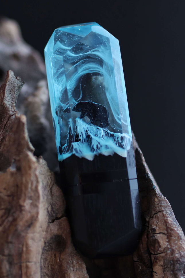 Handmade wood and resin USB flash drive with ice blue northern lights design