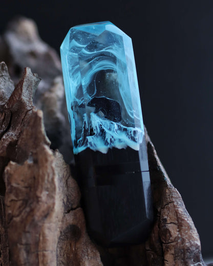 Handmade wood and resin USB flash drive with ice blue northern lights design