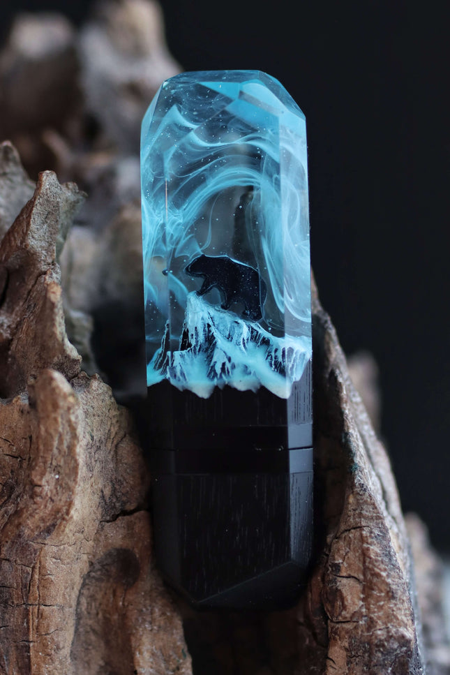 Handmade wood and resin USB flash drive with ice blue northern lights design