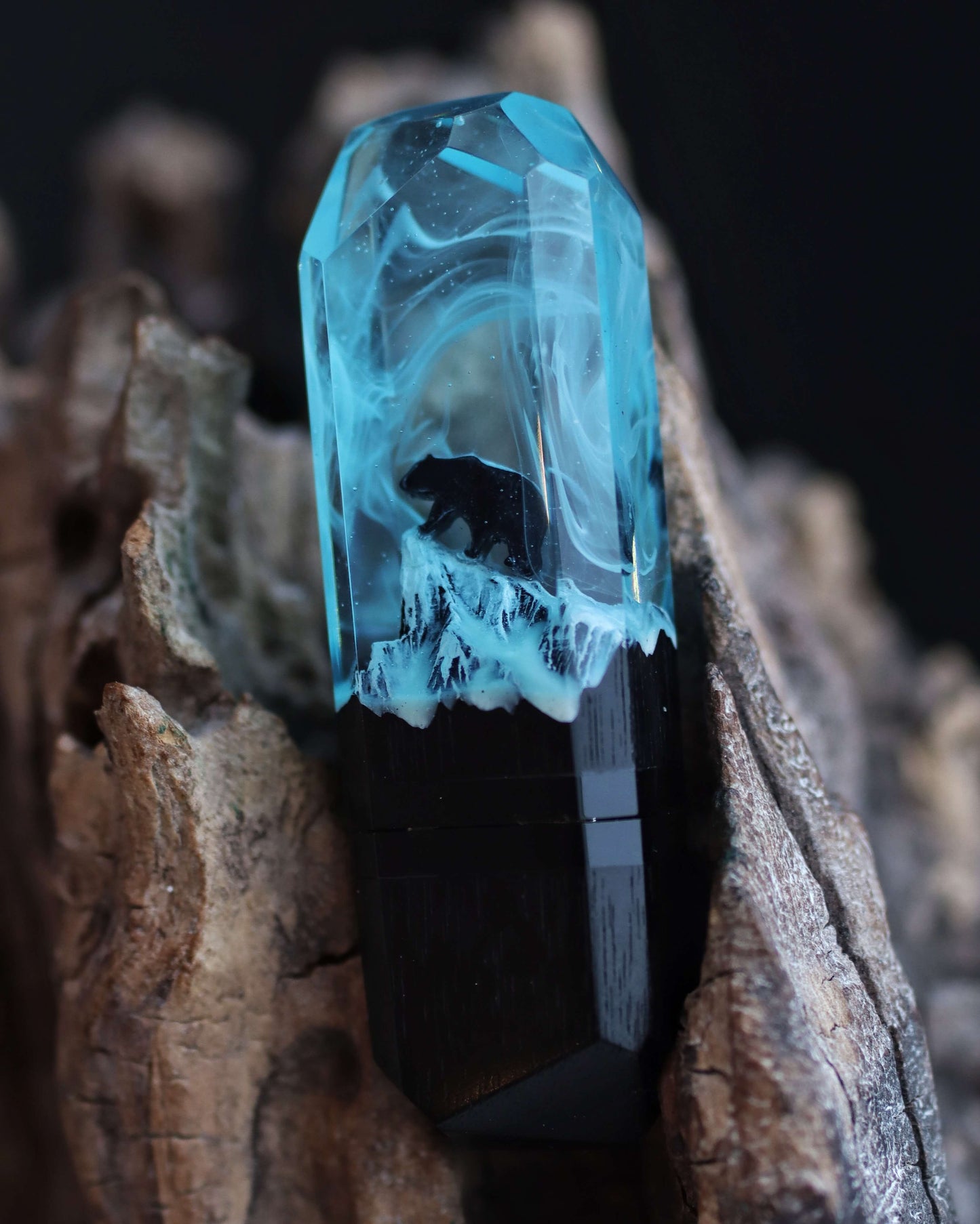 Handmade wood and resin USB flash drive with ice blue northern lights design