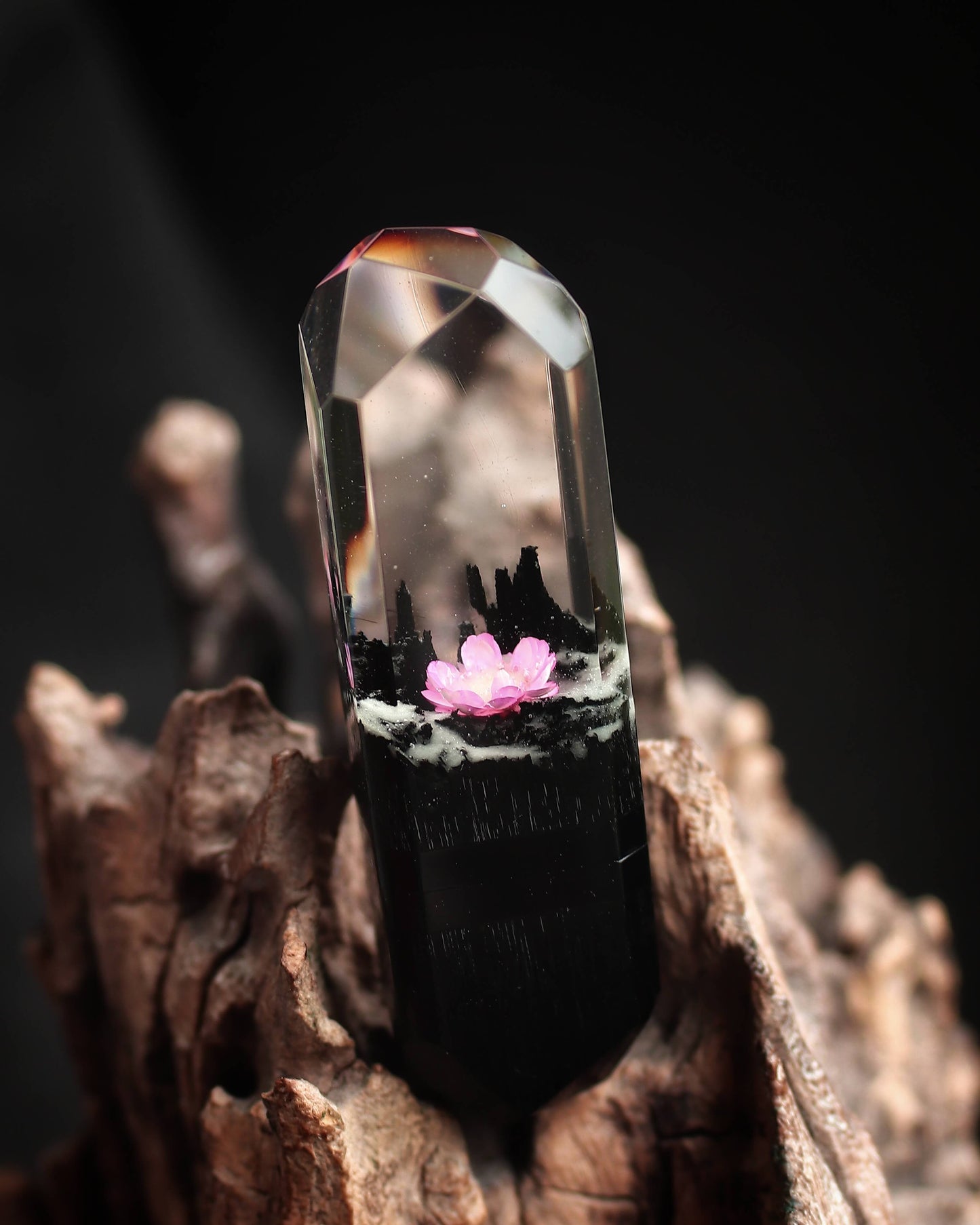 Handmade wood and resin USB flash drive with pink flower inside