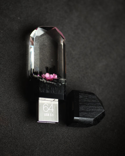 Epoxy resin and wood Pink flower Crystal USB
