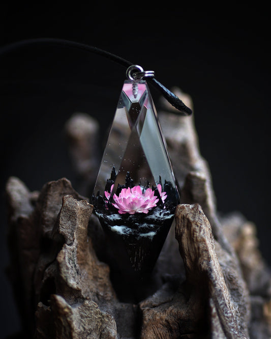 Epoxy resin and wood Pink Flower Rhombus Pendant