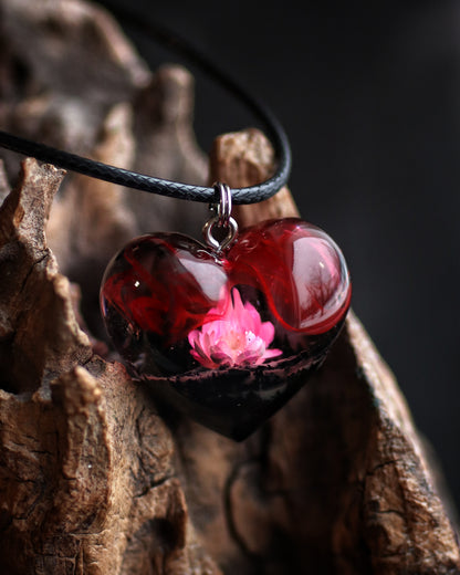 Epoxy resin and wood Red Flower Heart pendant