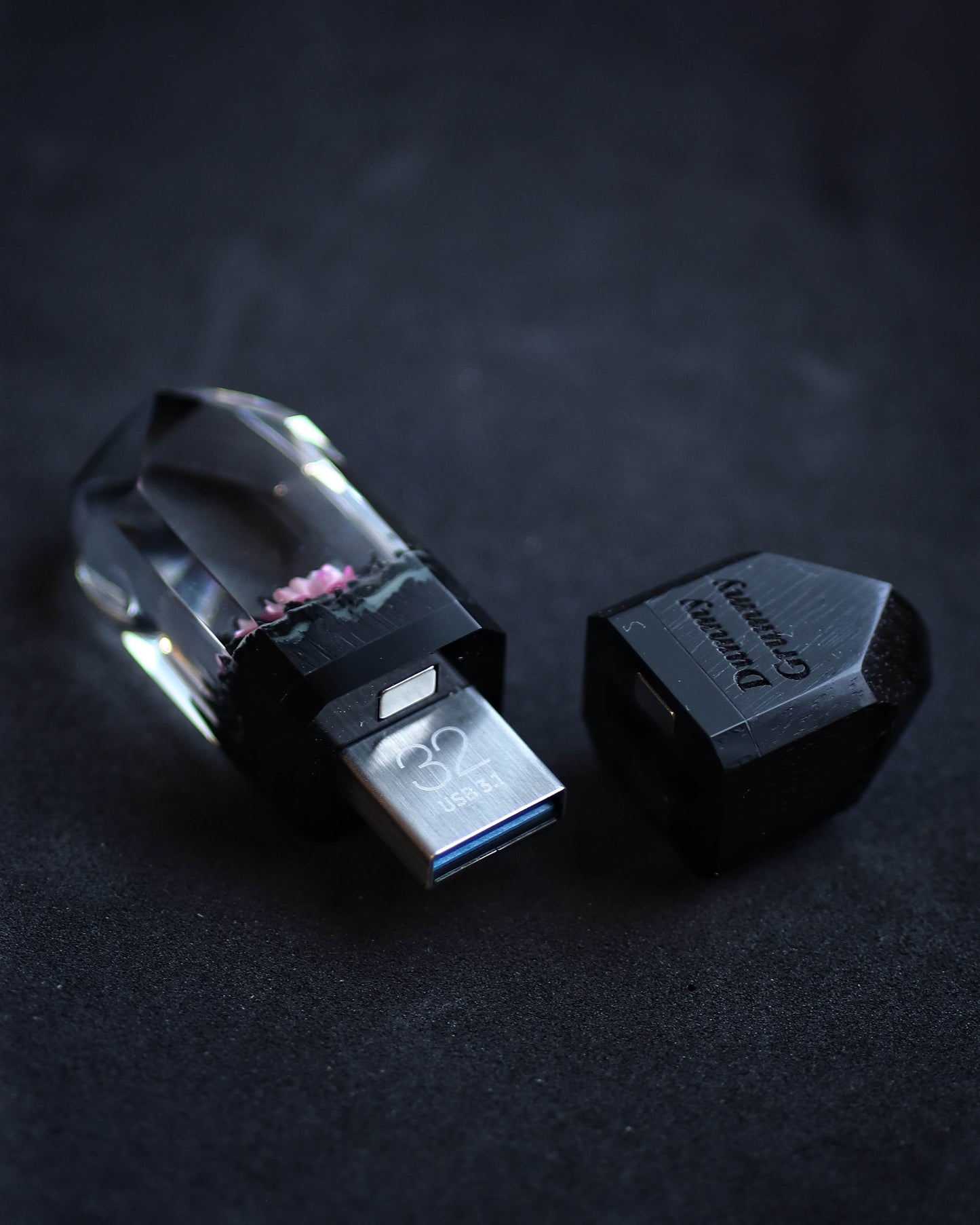 Unique wooden USB drive with flower encapsulated in resin