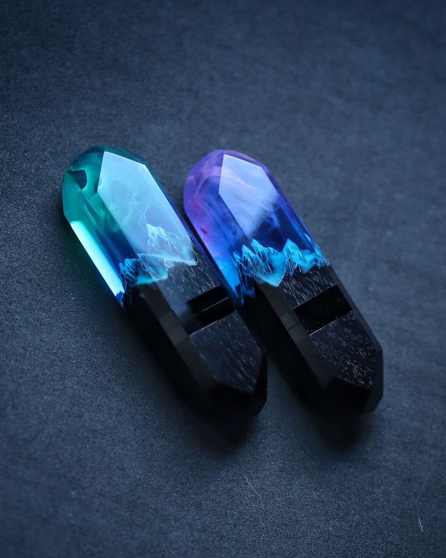 Handmade wood and resin USB flash drive with mountain landscape design