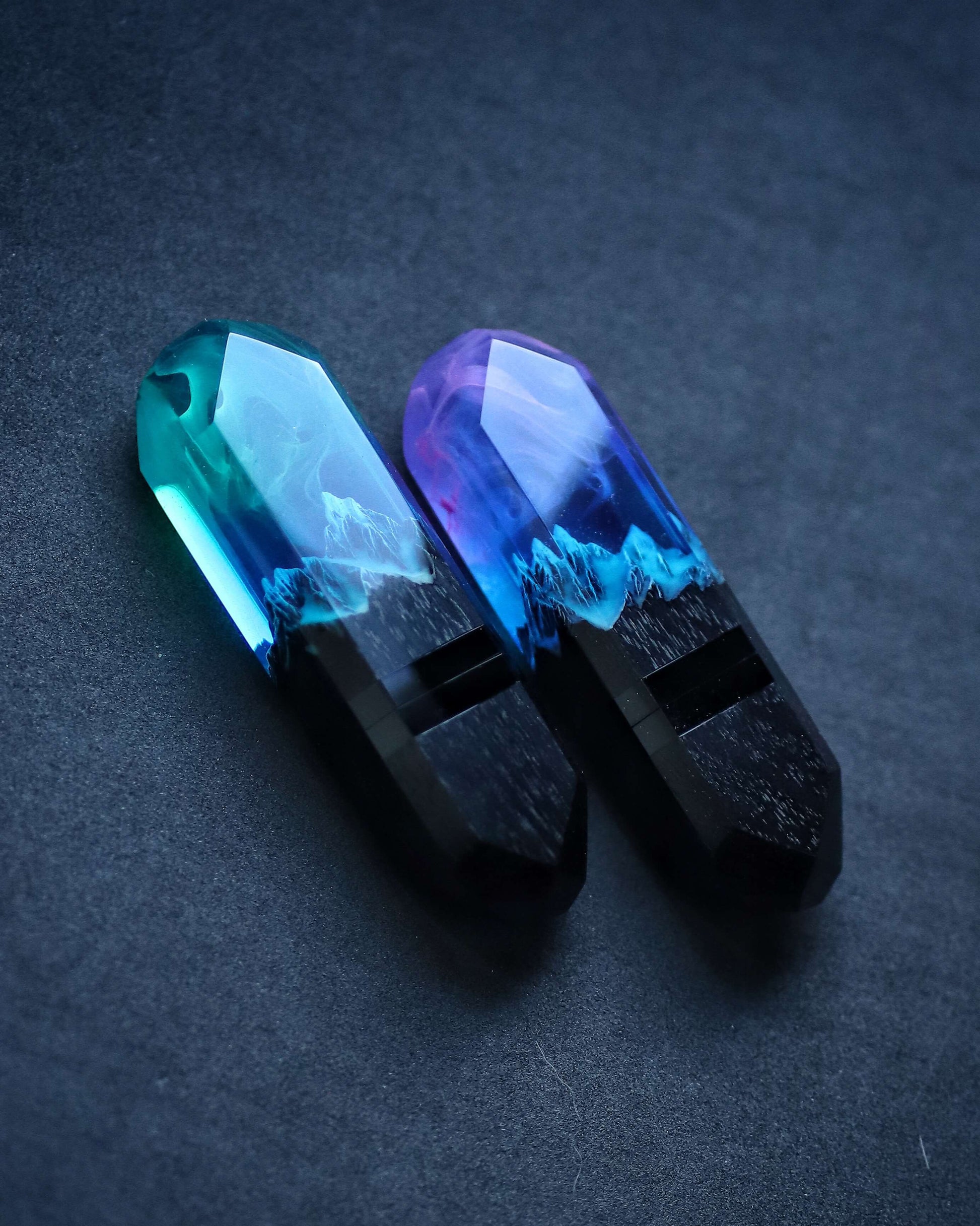 Handmade wood and resin USB flash drive with mountain landscape design