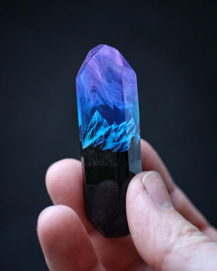 Handmade resin and wood USB stick with mountain design held in hand