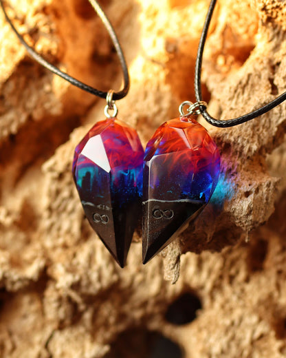Couple crystal pendants handmade from resin and wood with Nightfall effect