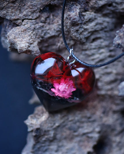 Epoxy resin and wood Red Flower Heart pendant