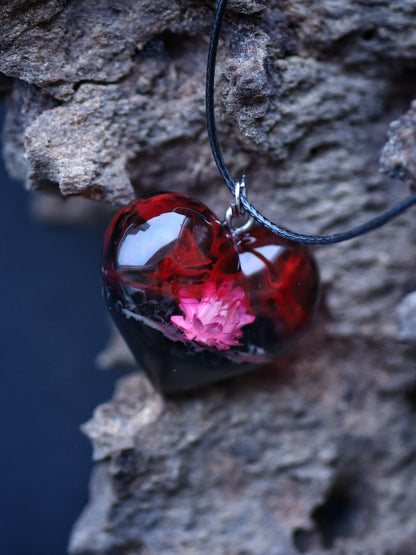 Epoxy resin and wood Red Flower Heart pendant