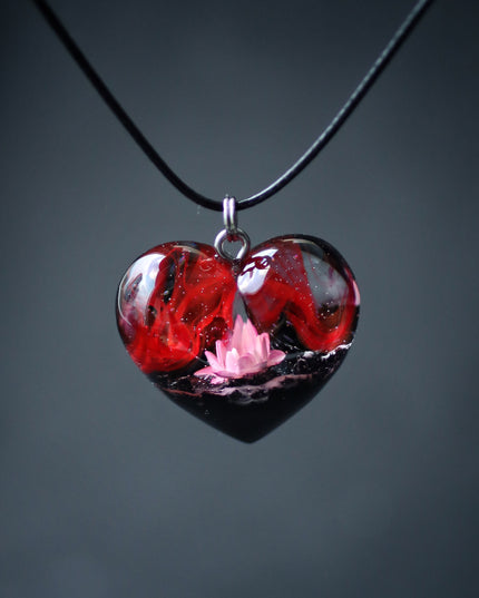 Epoxy resin and wood Red Flower Heart pendant