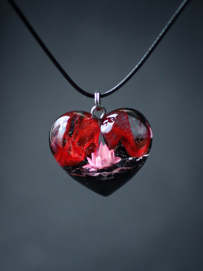 Epoxy resin and wood Red Flower Heart pendant