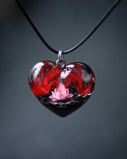 Epoxy resin and wood Red Flower Heart pendant