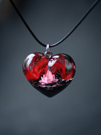 Epoxy resin and wood Red Flower Heart pendant