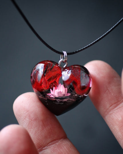 Epoxy resin and wood Red Flower Heart pendant