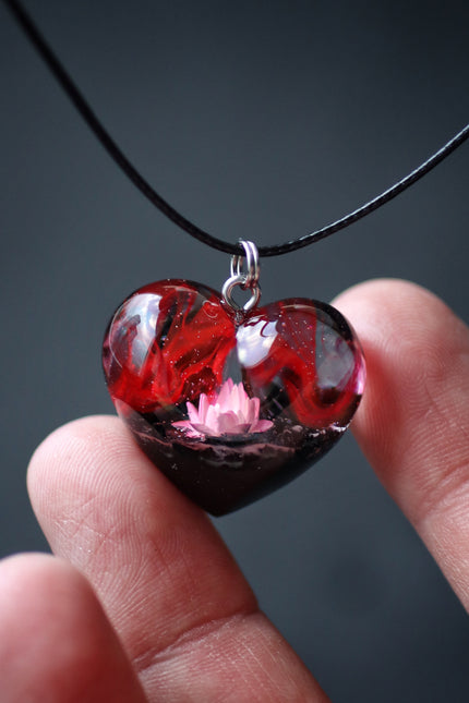 Epoxy resin and wood Red Flower Heart pendant